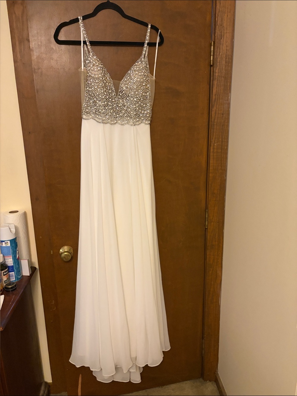 Lulu's White Chiffon Gown with Silver Beaded Bodice